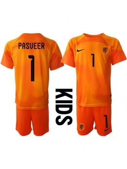 Niederlande Remko Pasveer #1 Torwart Auswärts Trikotsatz für Kinder WM 2022 Kurzarm (+ Kurze Hosen)